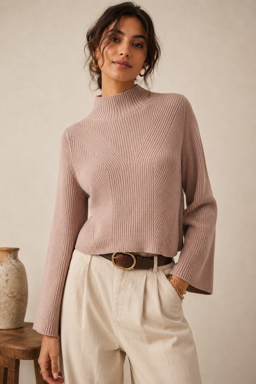 Maeve Anthropologie Mock Neck Rib Knit Sweater Blush Pink Bell Sleeve Large